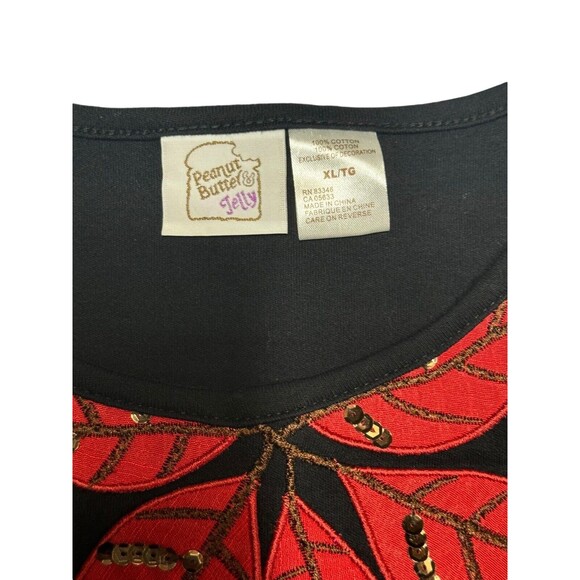 Vintage Peanut Butter & Jelly Black Sweater‎ Red Poinsettia Sequin Women’s XL - Picture 6 of 11